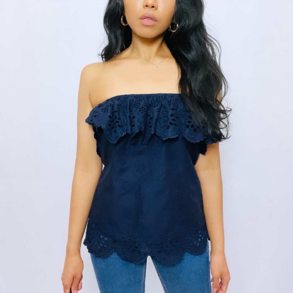 Milly | Blue 100% Cotton Eyelet Lace Ruffle Strapless Top with Scalloped Hem  4 - Picture 8 of 12